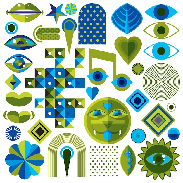 Se puede utilizar un conjunto de diferentes símbolos vectoriales modernistas en diseño corporativo y web. Colección de iconos conceptuales creados en el tema de la naturaleza y la música, partes del cuerpo y la cara.