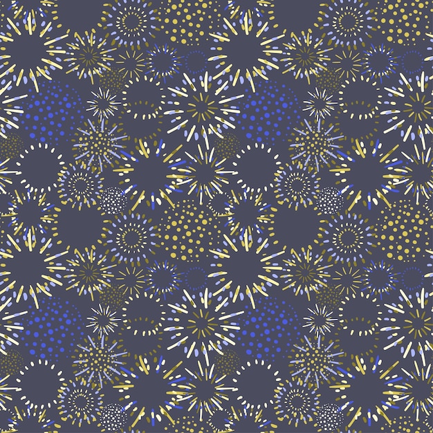 Se puede utilizar un patrón sin costuras con fuegos artificiales en una variedad de colores brillantes para la impresión textil de papel tapiz