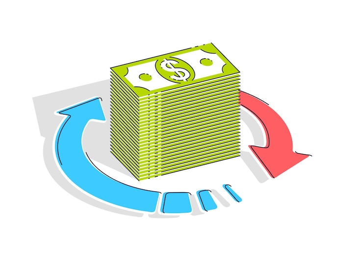 Vector se pueden utilizar los conceptos de circulación de dinero, retorno de la inversión, cambio de moneda, devolución de efectivo, devolución de dinero. ilustración de vector de pila de dinero en efectivo con flechas de bucle radial alrededor, isométrica 3d.