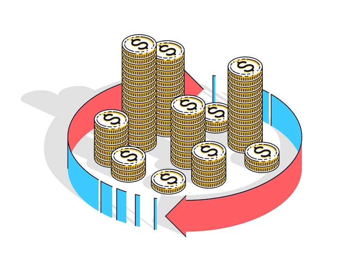 Vector se pueden utilizar los conceptos de circulación de dinero, retorno de la inversión, cambio de moneda, devolución de efectivo, devolución de dinero. ilustración de vector de pila de dinero en efectivo con flechas de bucle radial alrededor, isométrica 3d.