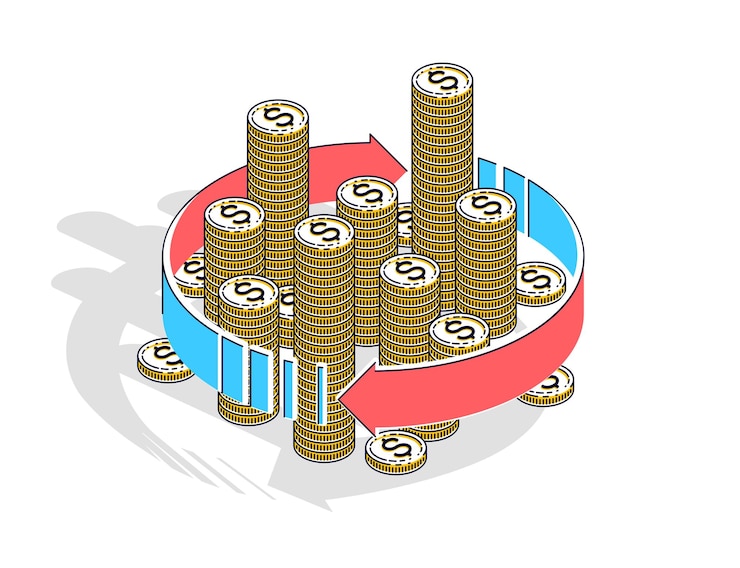 Vector se pueden utilizar los conceptos de circulación de dinero, retorno de la inversión, cambio de moneda, devolución de efectivo, devolución de dinero. ilustración de vector de pila de dinero en efectivo con flechas de bucle radial alrededor, isométrica 3d.