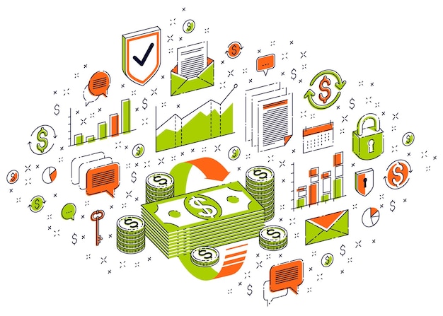 Se pueden utilizar los conceptos de circulación de dinero, retorno de la inversión, cambio de moneda, devolución de efectivo, devolución de dinero. vector ilustración de negocios isométrica 3d con iconos, gráficos de estadísticas y elementos de diseño.