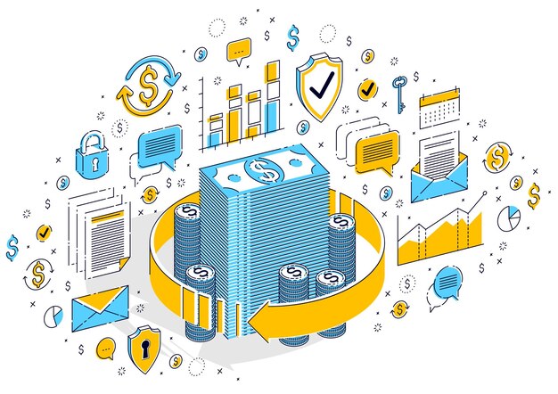 Se pueden utilizar los conceptos de circulación de dinero, retorno de la inversión, cambio de moneda, devolución de efectivo, devolución de dinero. Vector ilustración de negocios isométrica 3d con iconos, gráficos de estadísticas y elementos de diseño.