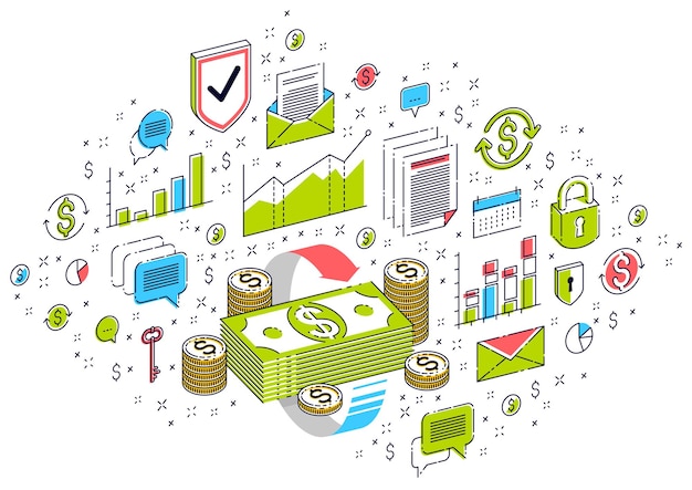 Se pueden utilizar los conceptos de circulación de dinero, retorno de la inversión, cambio de moneda, devolución de efectivo, devolución de dinero. Vector ilustración de negocios isométrica 3d con iconos, gráficos de estadísticas y elementos de diseño.