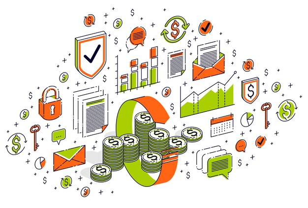 Se pueden utilizar los conceptos de circulación de dinero, retorno de la inversión, cambio de moneda, devolución de efectivo, devolución de dinero. Vector ilustración de negocios isométrica 3d con iconos, gráficos de estadísticas y elementos de diseño.