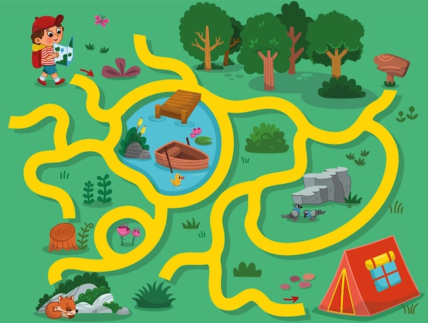 ¿Puedes ayudar al niño en el bosque a llegar a la tienda del campamento? Actividad de dibujo y juego de laberinto para niños.