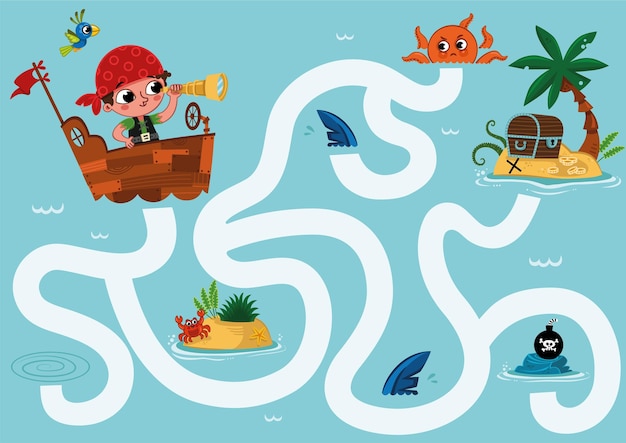 ¿Puedes ayudar al pequeño pirata a encontrar el tesoro en un juego de laberinto de islas para niños?