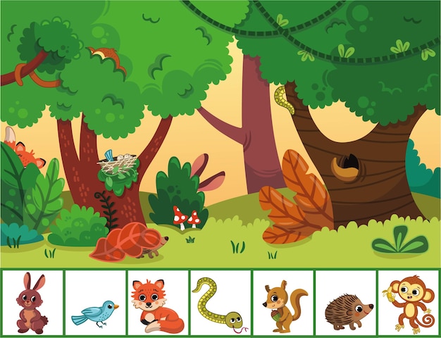 puedes encontrar los animales escondidos en el bosque? juego educativo para niños ilustración vectorial | Vector