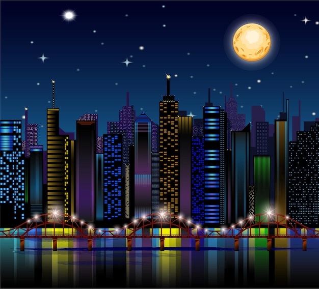 Vector puente de la ciudad de noche bajo la ilustración de vector de luna llena