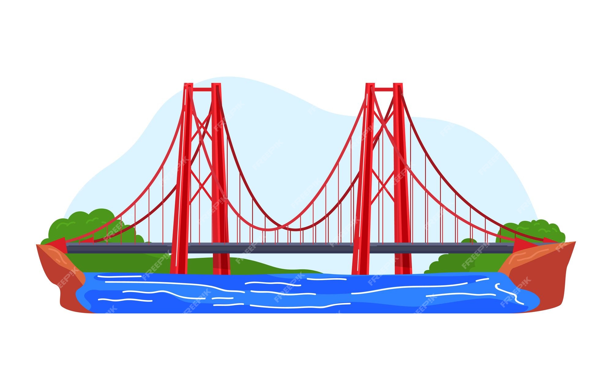 Puente colgante de automóvil sobre la bahía en américa arquitectura colorida vector de estilo de animados | Vector Premium