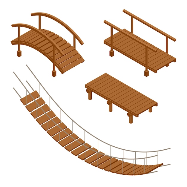 Vector puente colgante de madera, ilustraciones vectoriales de puente colgante y de madera. conjunto isométrico plano 3d