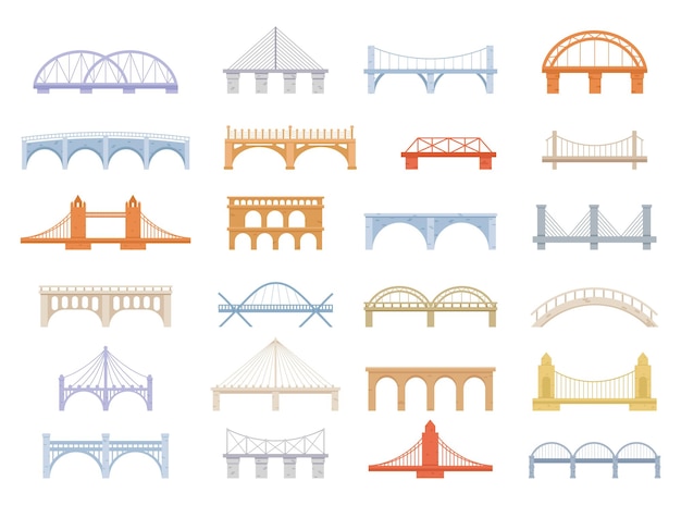 Puente de construcción vector conjunto de dibujos animados icono color diseño gráfico conjunto de puentes crossover urbano a