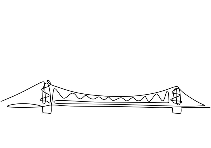 Puente gigante sobre el río Continuo una línea de diseño de dibujo de puente Estilo minimalista moderno simple aislado sobre fondo blanco