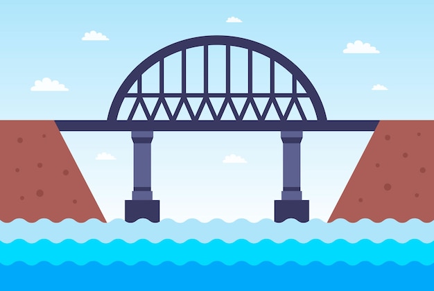 Un puente de hierro que cruza el río hasta el otro lado. ilustración vectorial plana.