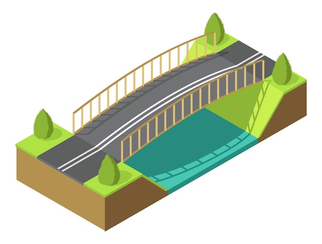 Puente isométrico 3d elemento de dibujo aislado de infraestructura urbana moderna para juegos o aplicaciones puente sobre el río con hierba y árbol icono isométrico infografía de elemento