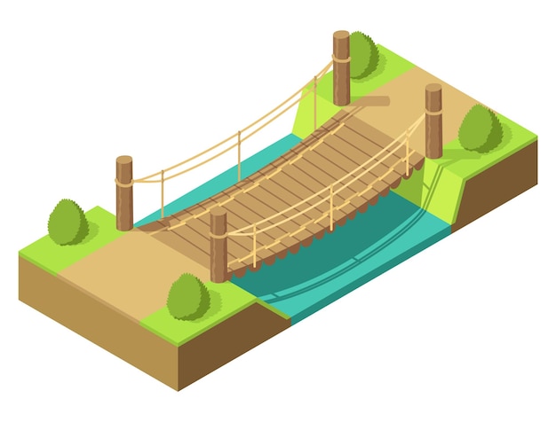 Vector puente isométrico 3d elemento de dibujo aislado de infraestructura urbana moderna para juegos o aplicaciones puente sobre el río con hierba y árbol icono isométrico infografía de elemento