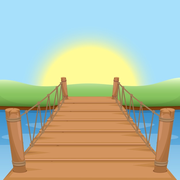 Vector puente de madera con sol y agua.