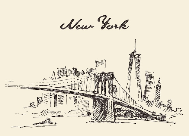 Puente de Manhattan. Nueva York, Estados Unidos. Ilustración vectorial, dibujado a mano, boceto