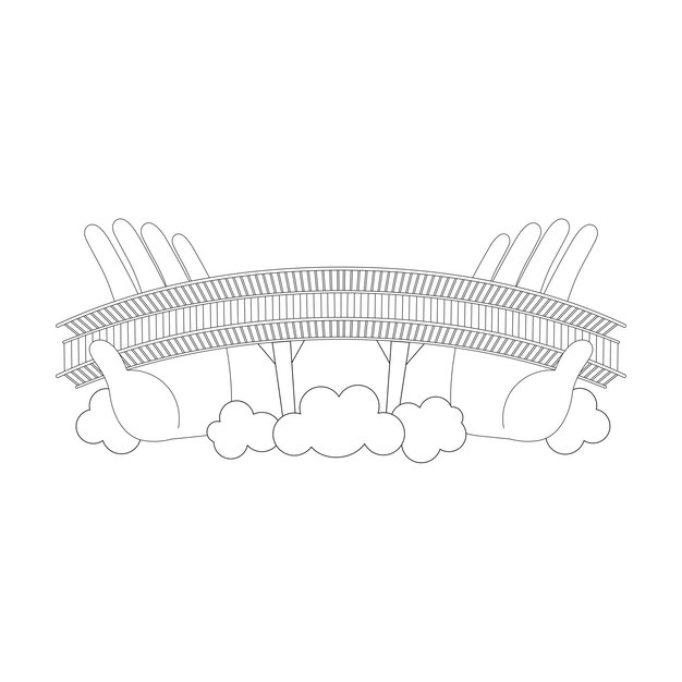 Puente peatonal vietnamita contorneado lineart plano gráfico vector ilustración aislado sobre fondo blanco Vista superior de dos manos gigantes delineadas sostienen Golden Bridge en Vietnamx9