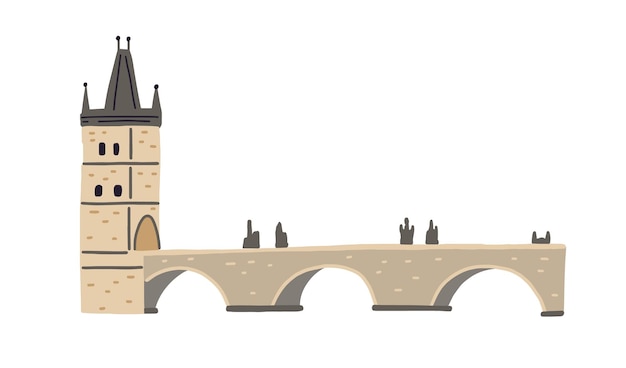 Puente de piedra de Carlos con torre y estatuas en Praga. Arquitectura gótica medieval de la República Checa. Ilustración de vector plano coloreado de hito europeo popular aislado sobre fondo blanco.