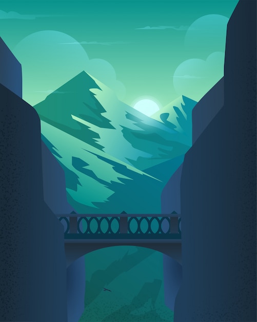 El puente en la roca sobre el abismo en las montañas.