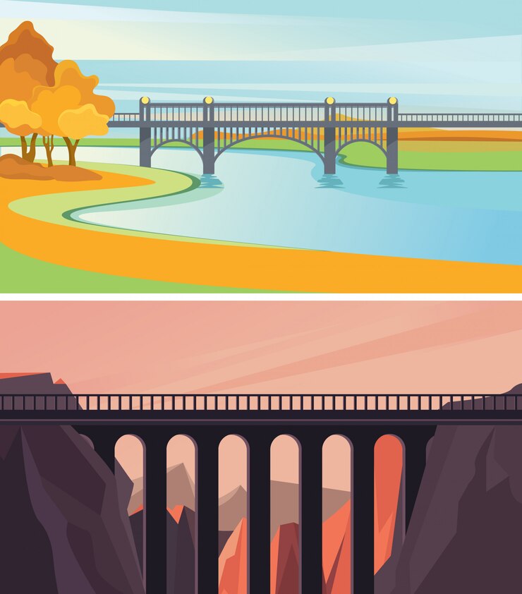Vector puente sobre el río y el cañón. hermosos paisajes naturales.
