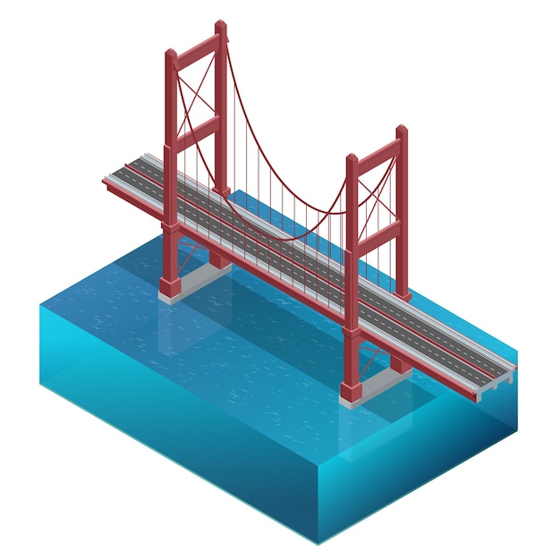 Puente sobre el río, diseño, estructura unitaria. Construcción de puentes. Ilustración isométrica 3d plano vectorial