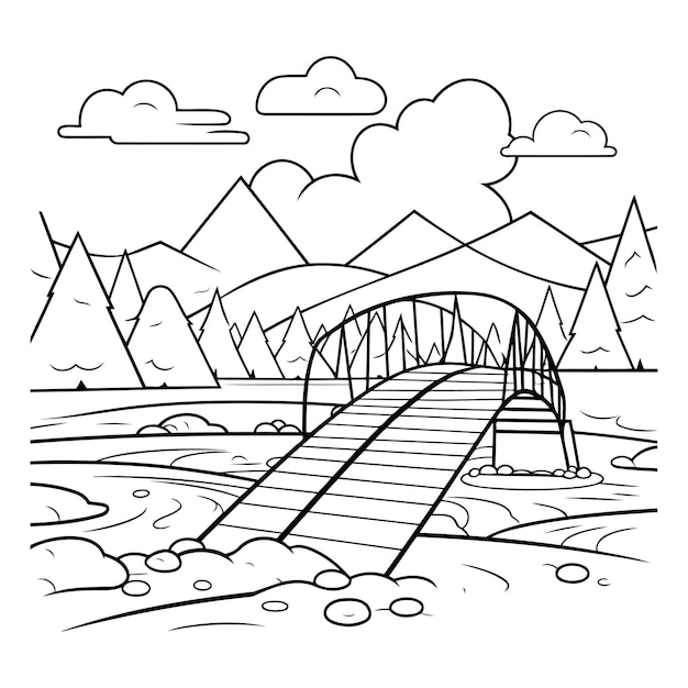 Vector puente sobre el río ilustración vectorial en blanco y negro para libro de colorear