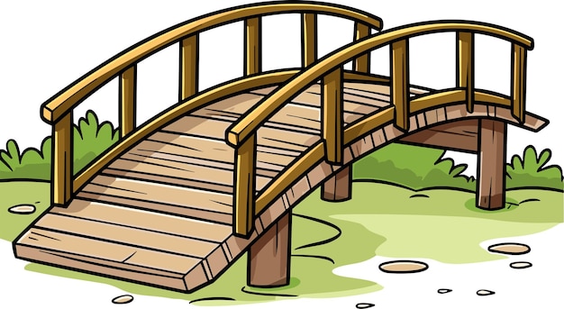 Vector puente viejo de madera en estilo de dibujos animados aislado sobre fondo blanco ilustración vectorial