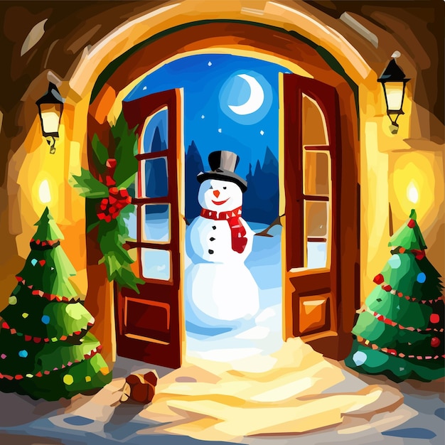 Puerta abierta en invierno y muñeco de nieve navidad tarjeta de felicitación arte ilustración vectorial