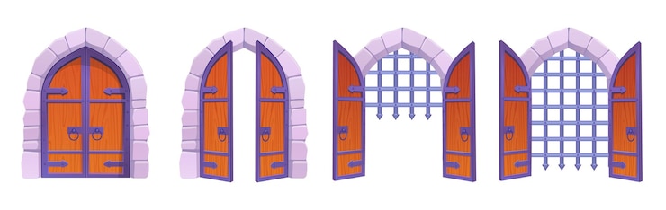 Vector puerta de apertura del castillo puerta de madera cerrada abierta fortificación de acero puertas medievales europeas de fortaleza puerta de piedra puerta de sótano entrada de mazmorra animación ingeniosa ilustración vectorial