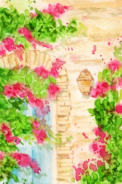 una puerta artística con plantas pintura acuarela ilustración de fondo