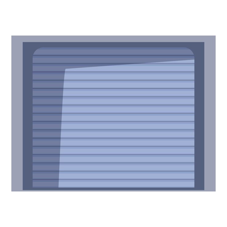 Vector la puerta azul del garaje se cierra en el edificio gris.