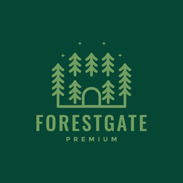 puerta bosque árbol pinos abeto noche estilo minimalista línea simple logotipo diseño vector icono ilustración