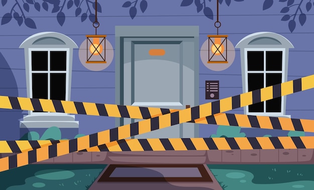 Puerta de la casa de la escena del crimen con ilustración de diseño gráfico plano del concepto de cinta amarilla
