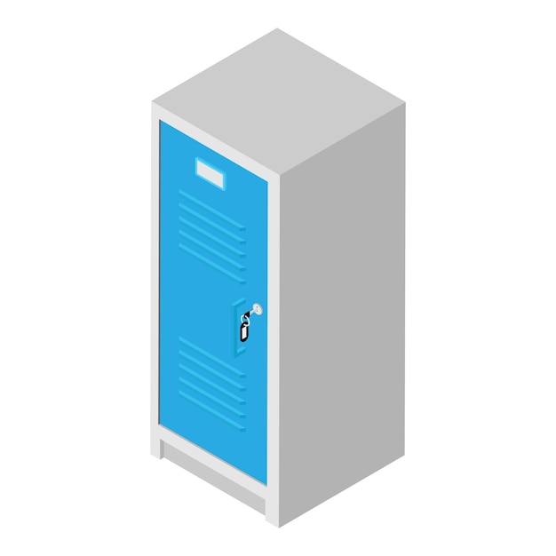 Puerta de casillero de metal azul con llave aislada en fondo blanco Vector de vista isométrica