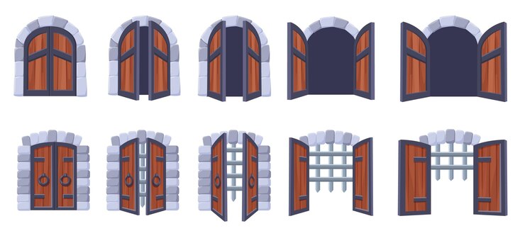 Vector la puerta del castillo se abrió las puertas de madera medievales se abrieron proceso de animación las puertas antiguas se cerraron palacio o mazmorra las puertas se abrieron concepto vectorial actual