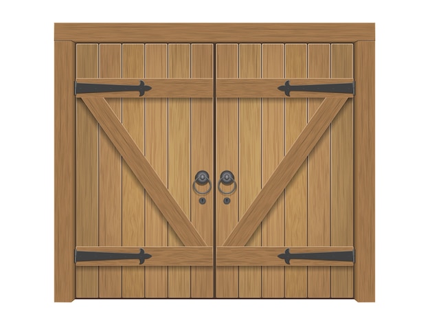 Puerta cerrada masiva de madera antigua realista. Puerta doble con manijas y bisagras de hierro.