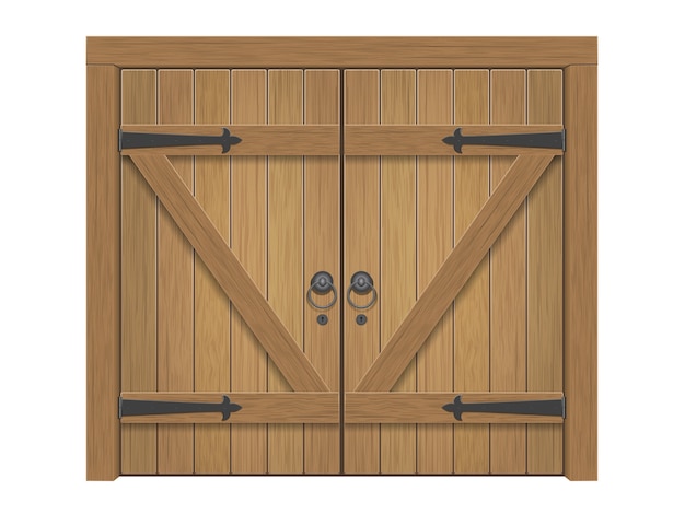 Puerta cerrada masiva de madera antigua realista. puerta doble con manijas y bisagras de hierro.