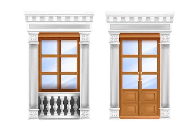 Vector puerta clásica, doble entrada tradicional romana, balaustrada, ventana de portal de mármol aislada en blanco.