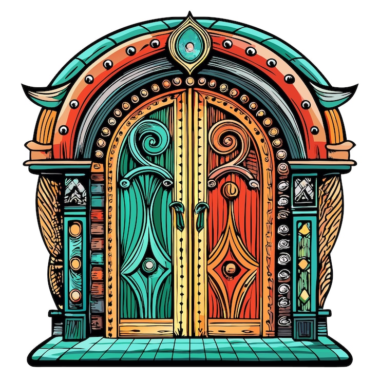 Vector una puerta colorida y adornada diseño vintage detallado en colores vibrantes