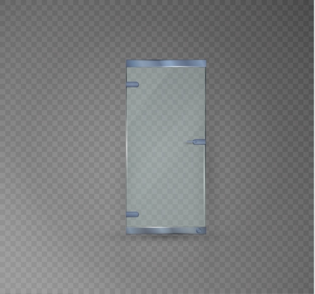 Vector puerta de cristal sobre un fondo transparente. ilustración de una oficina o boutique brillante, puertas transparentes con tirador en forma de borde plateado, metal.