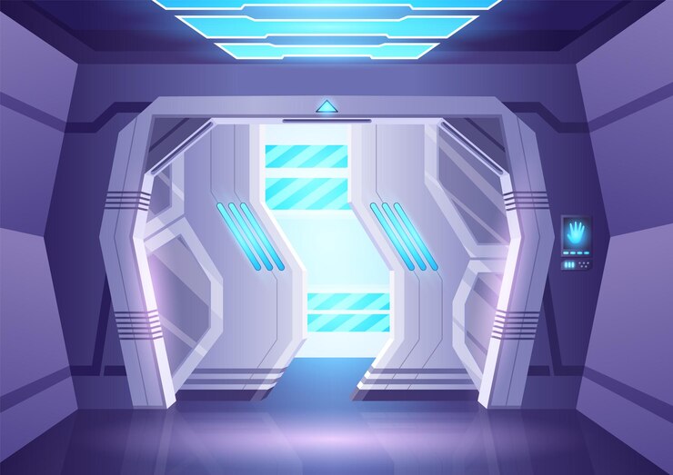 Vector puerta deslizante de la nave espacial o puerta de laboratorio puerta abierta con búnker de marco de entrada iluminado o