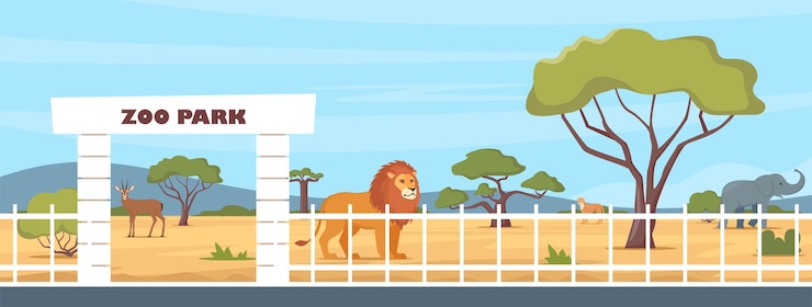 Vector puerta de entrada al zoológico y animales exóticos africanos elefante jirafa camello guepardo león