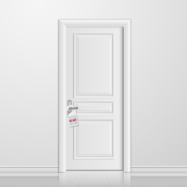 puerta de entrada blanca cerrada realista con etiqueta de no molestar