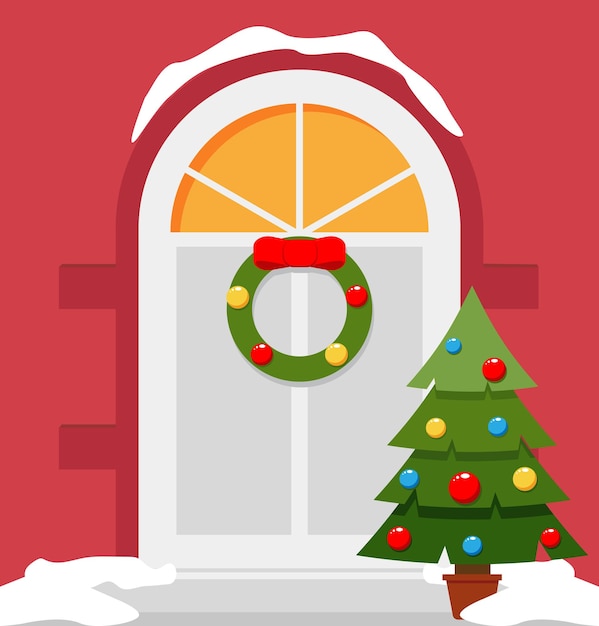 Puerta de entrada con decoraciones navideñas Corona de árbol de Navidad Ilustración vectorial