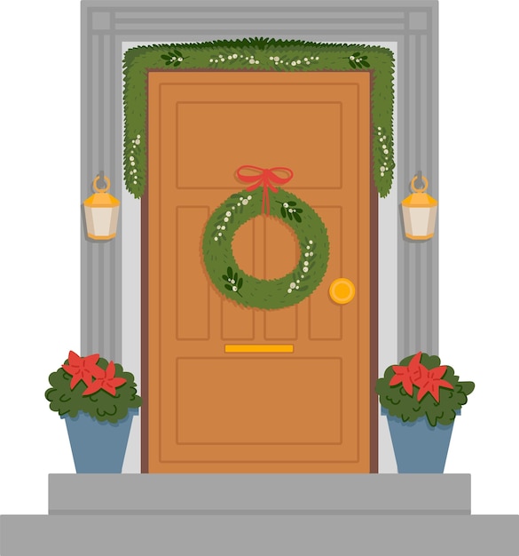 Puerta de entrada navideña con corona y linternas