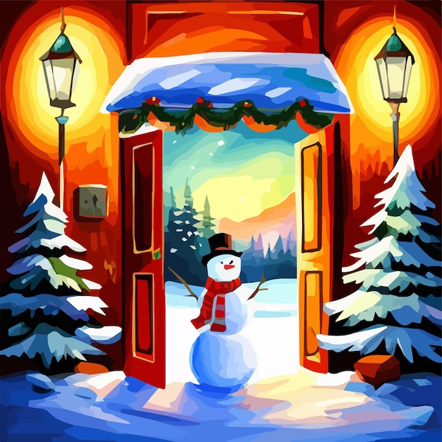 Puerta con farola, muñeco de nieve y decoración navideña en vector de paisaje de escena de invierno nevando