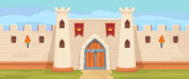 Puerta de la fortaleza del reino medieval Castillo medieval majestuoso con muros de piedra Fortaleza real Ilustración de fondo vectorial de dibujos animados