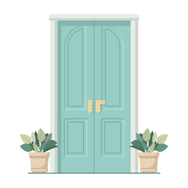 Puerta frontal azul con dos ollas con plantas Ilustración de casa de dibujos animados Ilustración vectorial